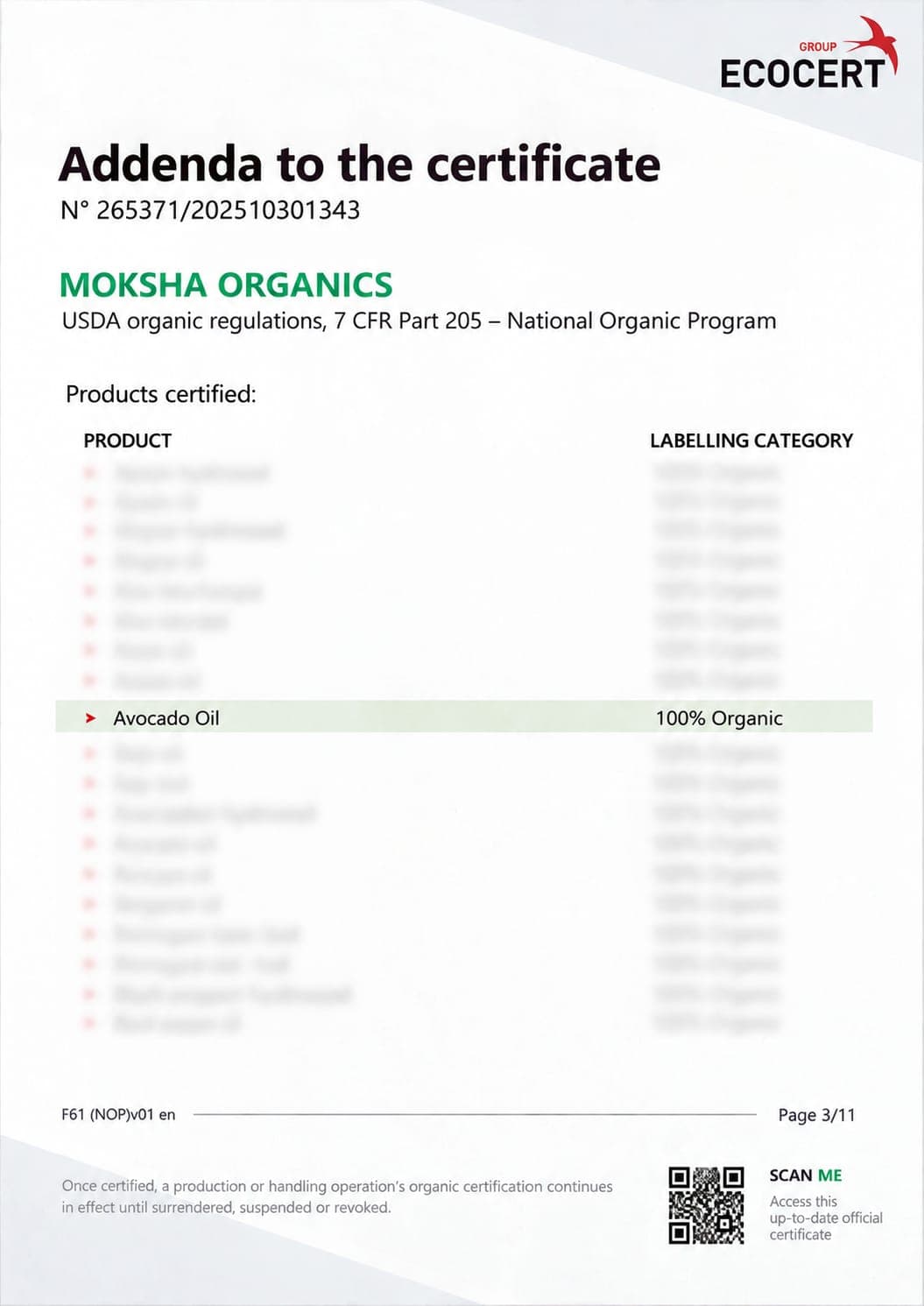 Halaman 3 — Addenda, Avocado Oil tercantum 100% Organic